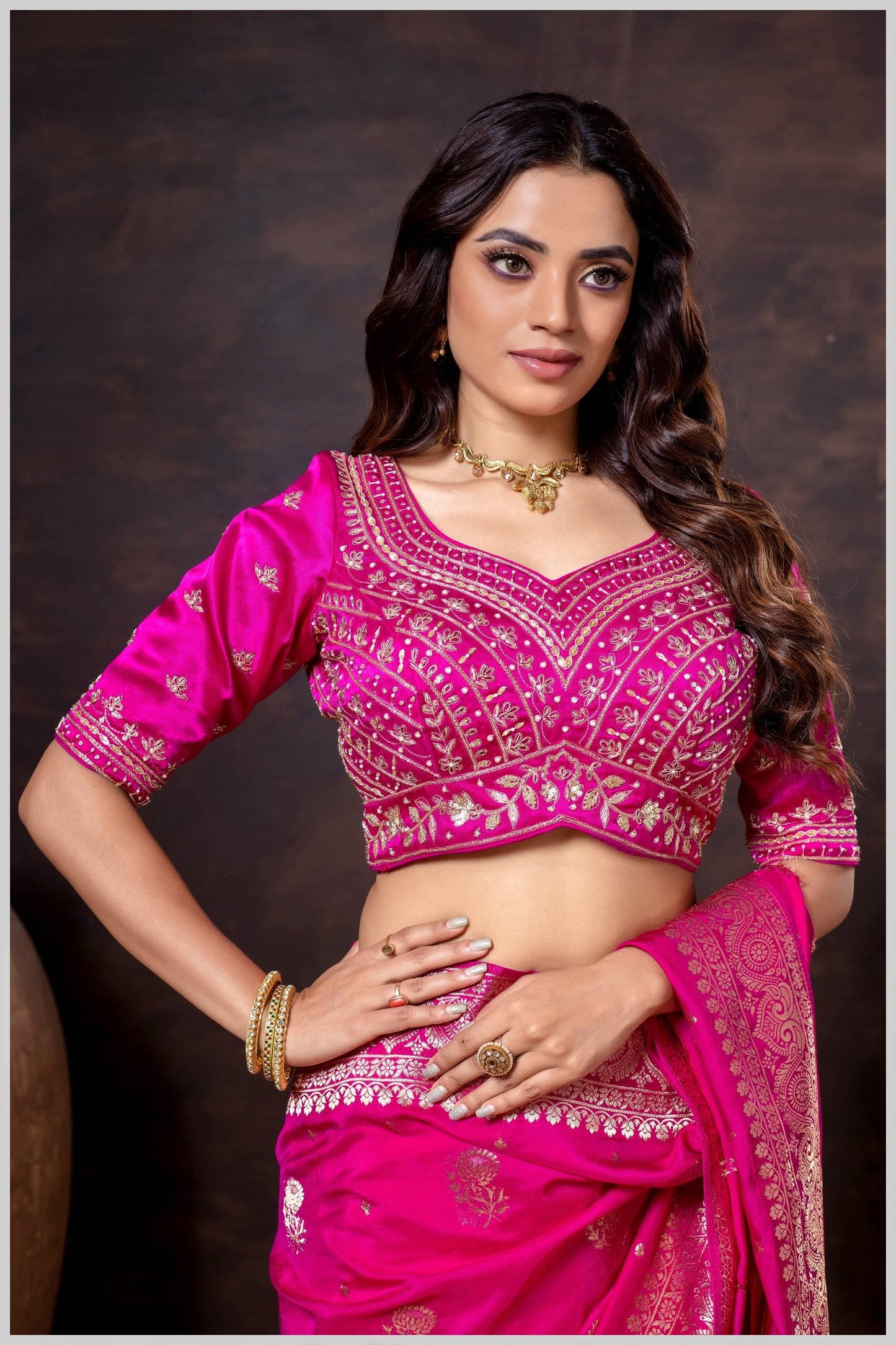 Rani Pink Gajji Silk Blouse with Multicolor Thread and Zari Embroidery