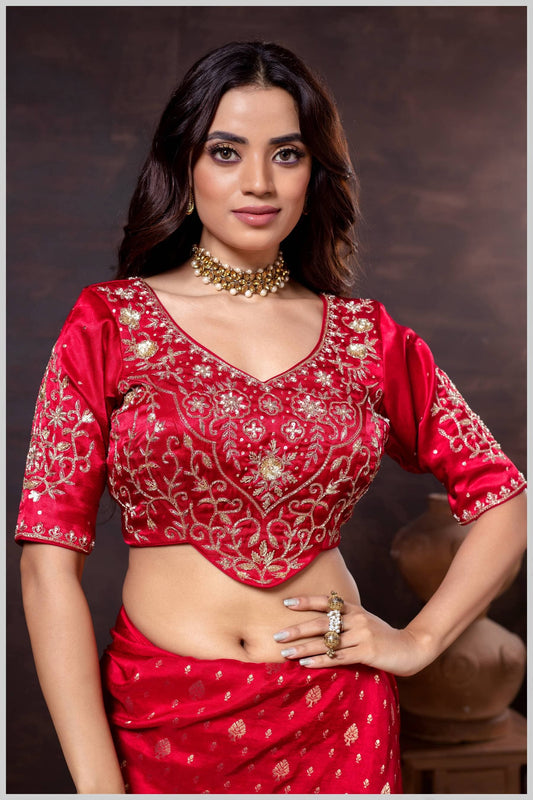Red Gajji Silk Blouse with Golden Zari & Sequin Embroidery