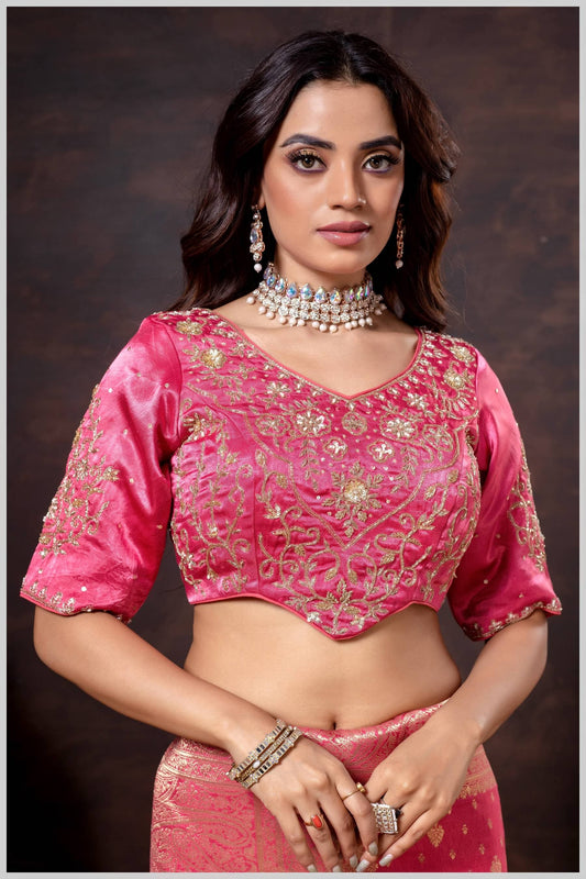 Pink Gajji Silk Blouse with Golden Zari & Sequin Embroidery