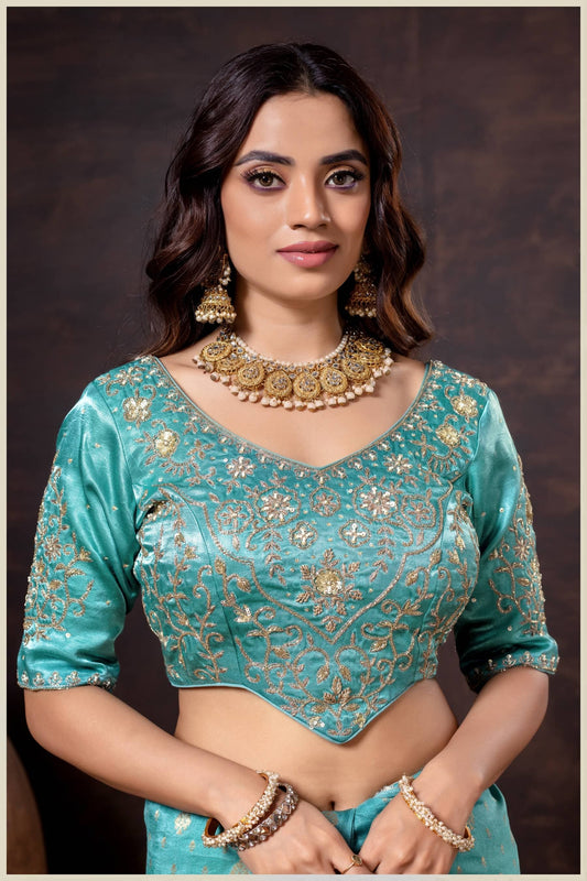 Dusty Blue Gajji Silk Blouse with Golden Zari & Sequin Embroidery