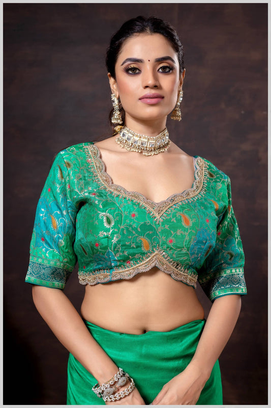 Green Silk Position Print Blouse with Antique Zari Embroidery