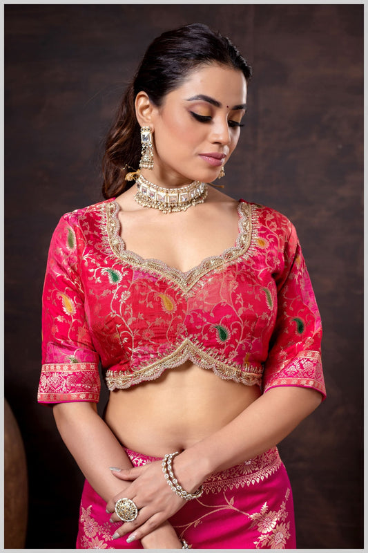 Pink Silk Position Print Blouse with Antique Zari Embroidery