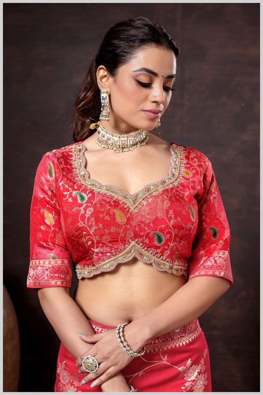 Red Silk Position Print Blouse with Antique Zari Embroidery