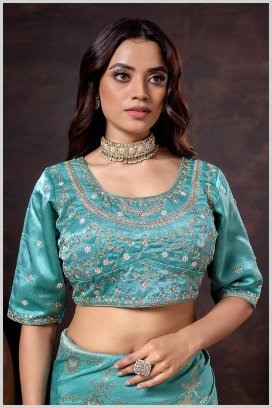 Dusty Blue Gajji Silk Blouse with Intricate Zari and Pearl Floral Embroidery