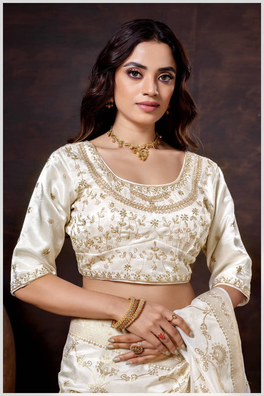 Off-white Gajji Silk Blouse with Intricate Zari and Pearl Floral Embroidery