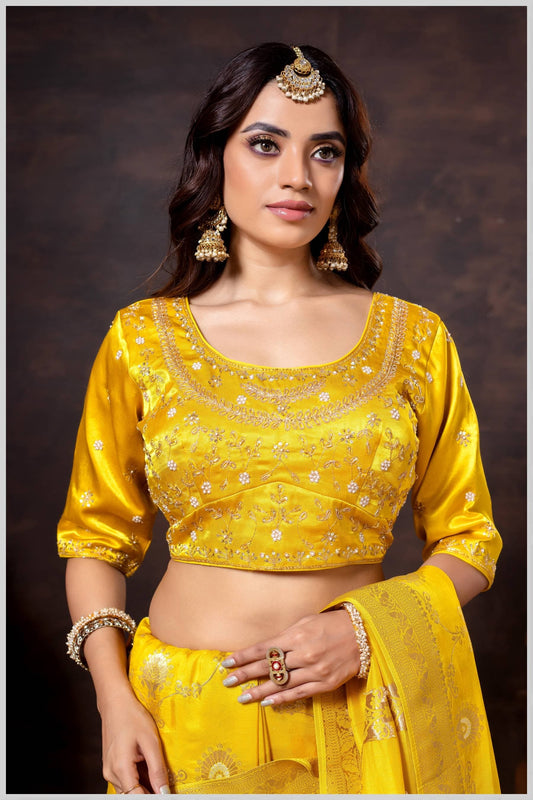 Mustard Gajji Silk Blouse with Intricate Zari and Pearl Floral Embroidery