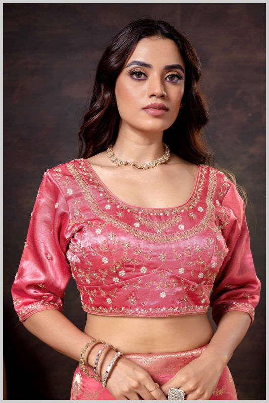 Pink Gajji Silk Blouse with Intricate Zari and Pearl Floral Embroidery