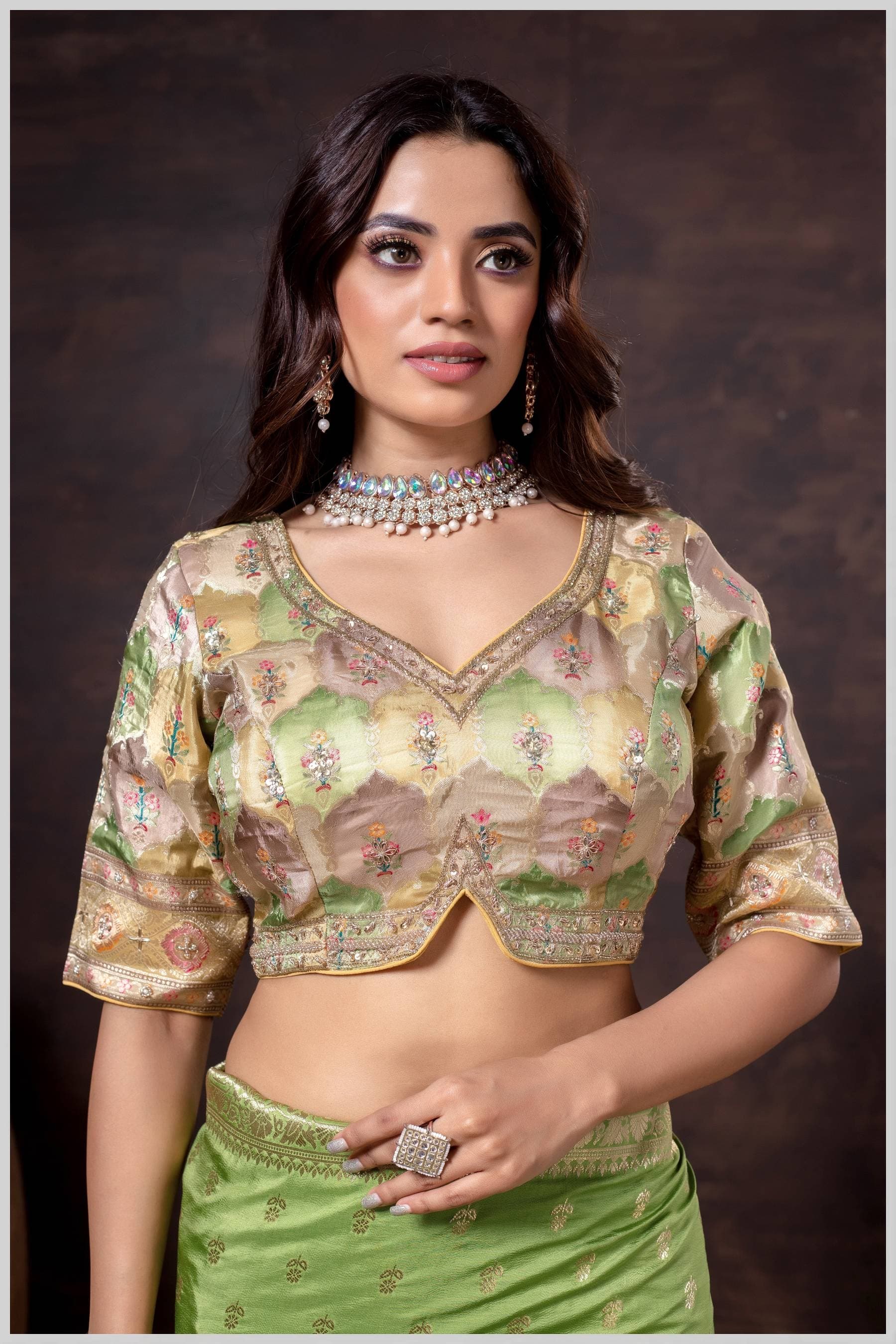 Lime Green Position Print Blouse with Floral Weave & Embellished Border