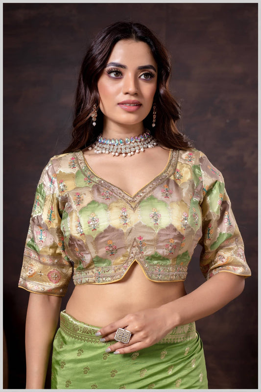 Lime Green Position Print Blouse with Floral Weave & Embellished Border