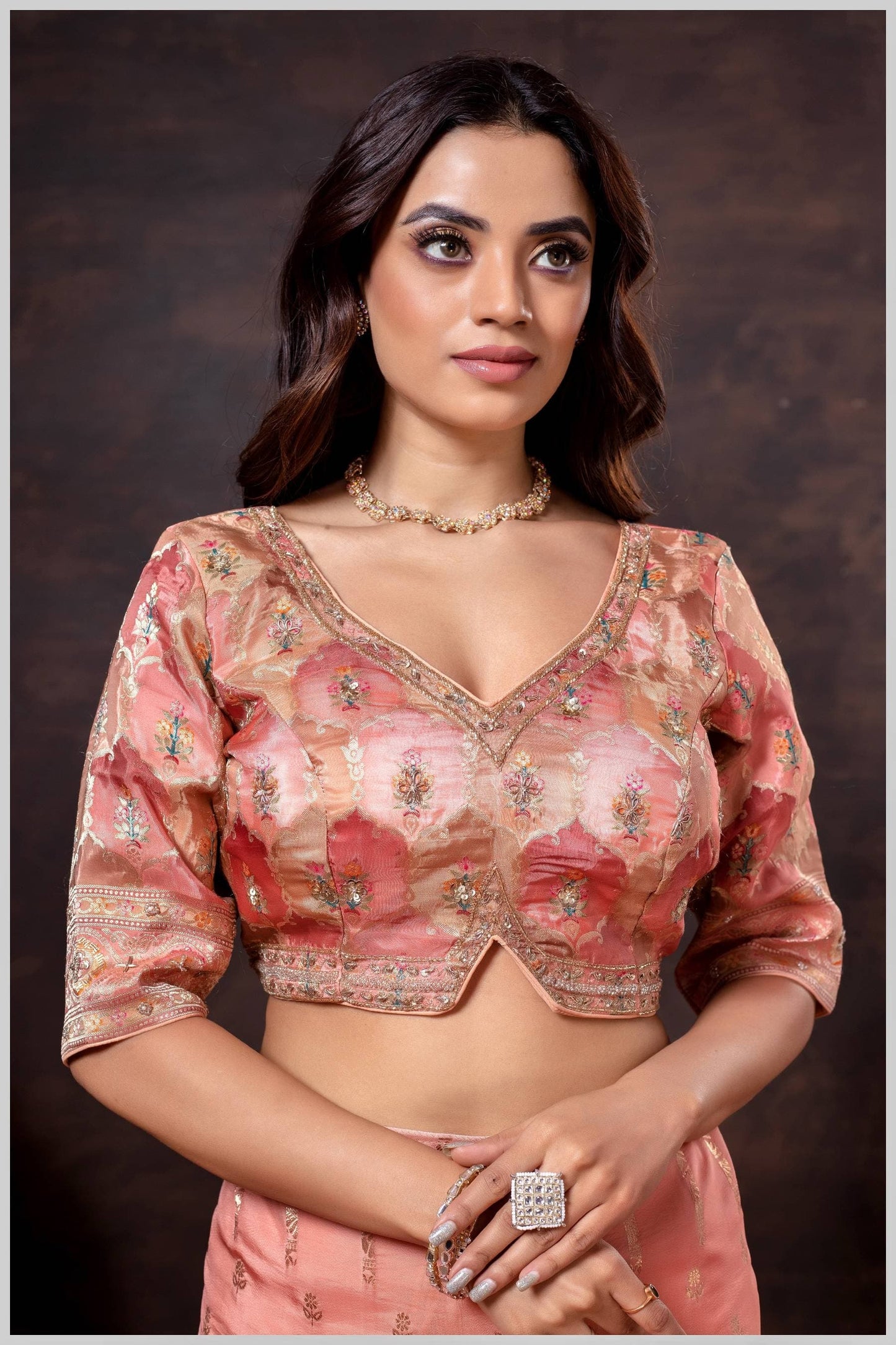Peach Position Print Blouse with Floral Weave & Embellished Border