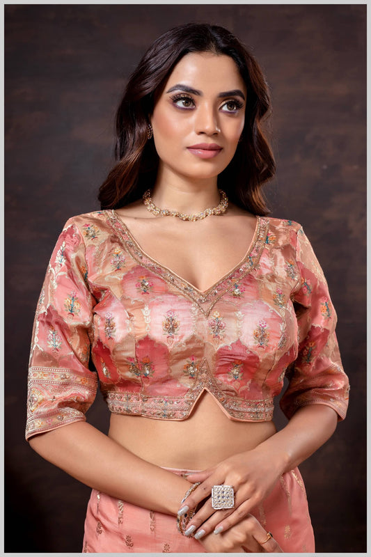 Peach Position Print Blouse with Floral Weave & Embellished Border