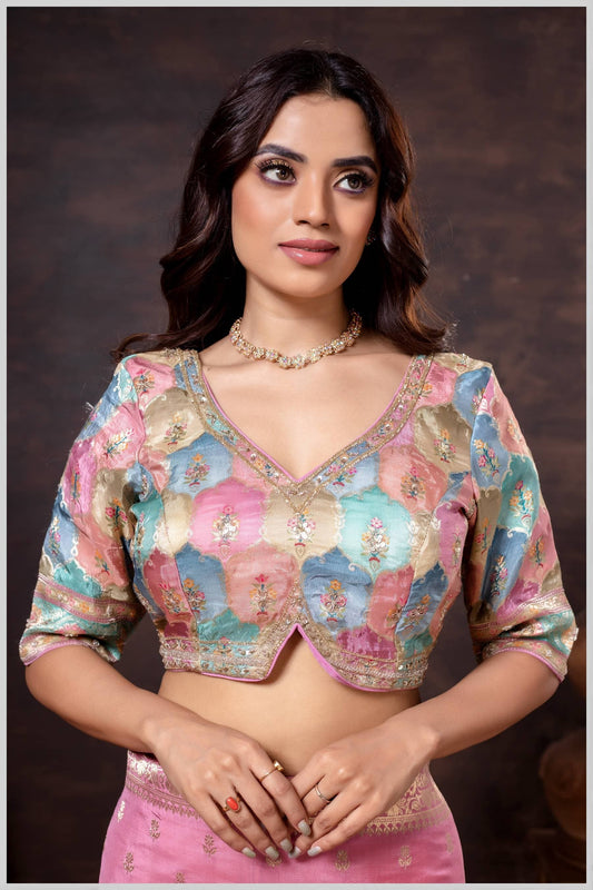 Pink Position Print Blouse with Floral Weave & Embellished Border