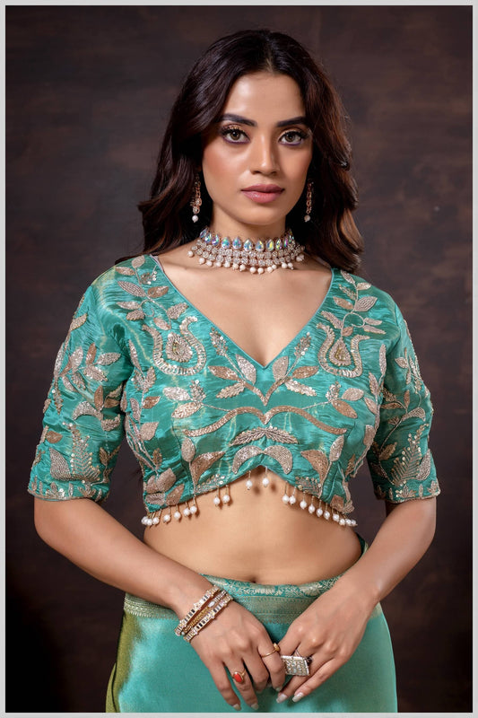 Aqua blue Color Embroidered Blouse with Pearl Drop Detailing