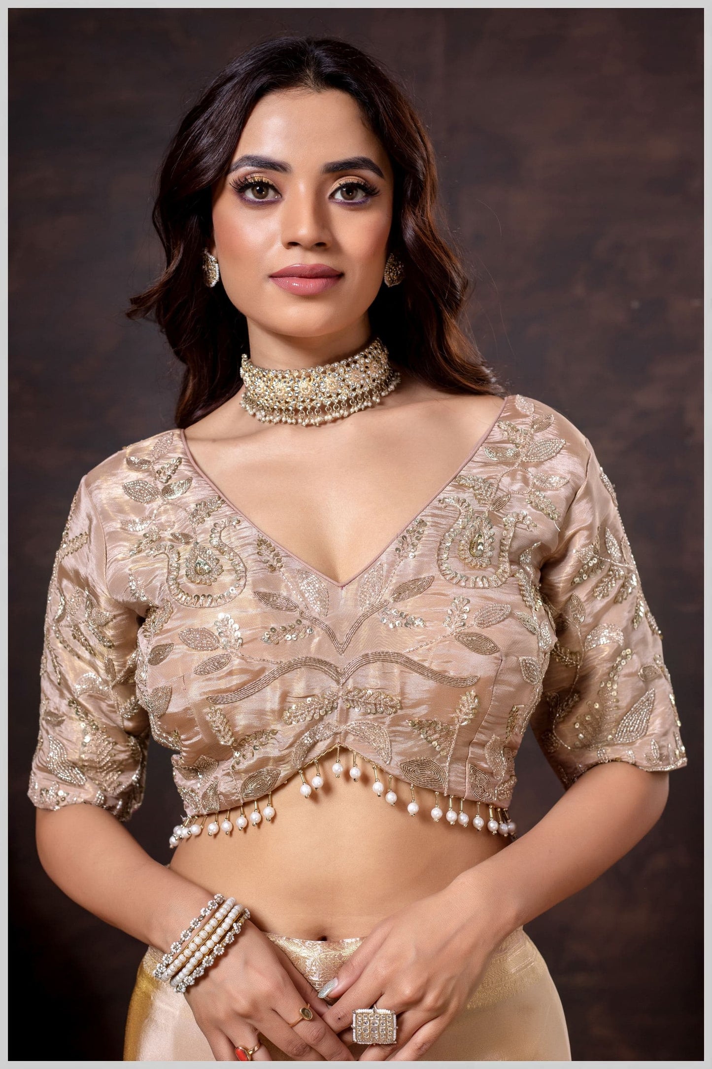 Chiku Color Embroidered Blouse with Pearl Drop Detailing