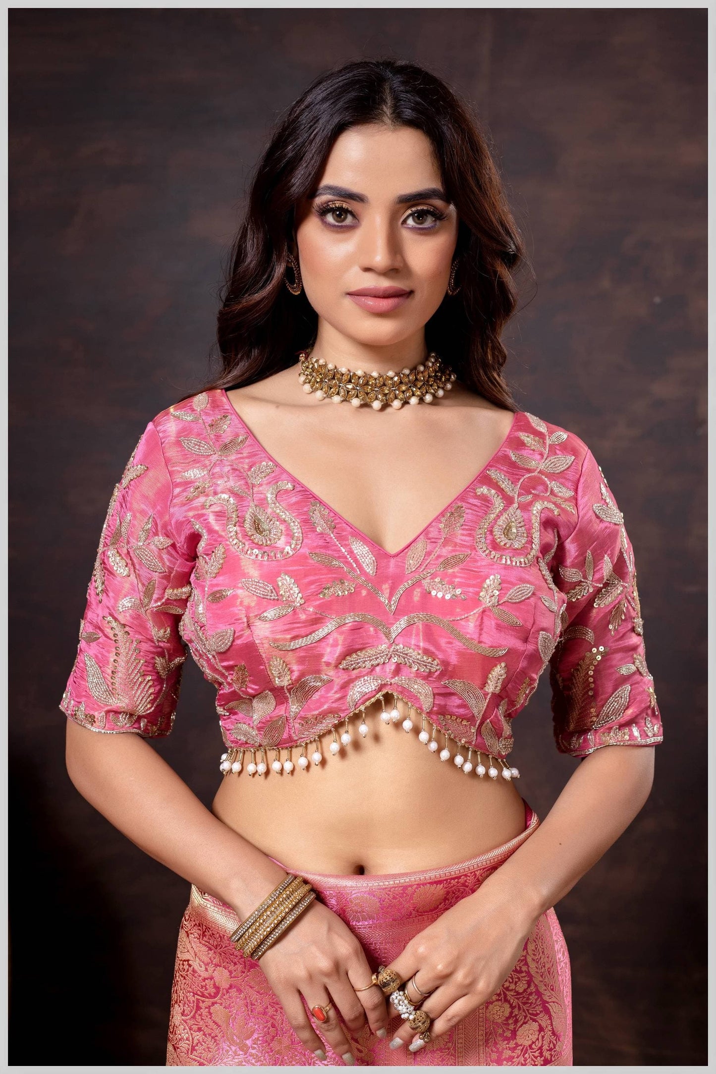 Pink Color Embroidered Blouse with Pearl Drop Detailing