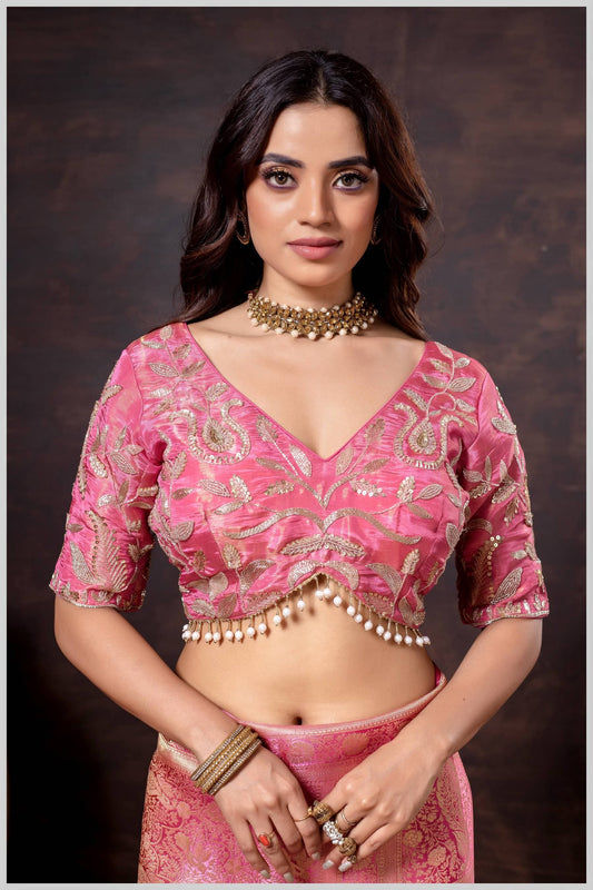 Pink Color Embroidered Blouse with Pearl Drop Detailing