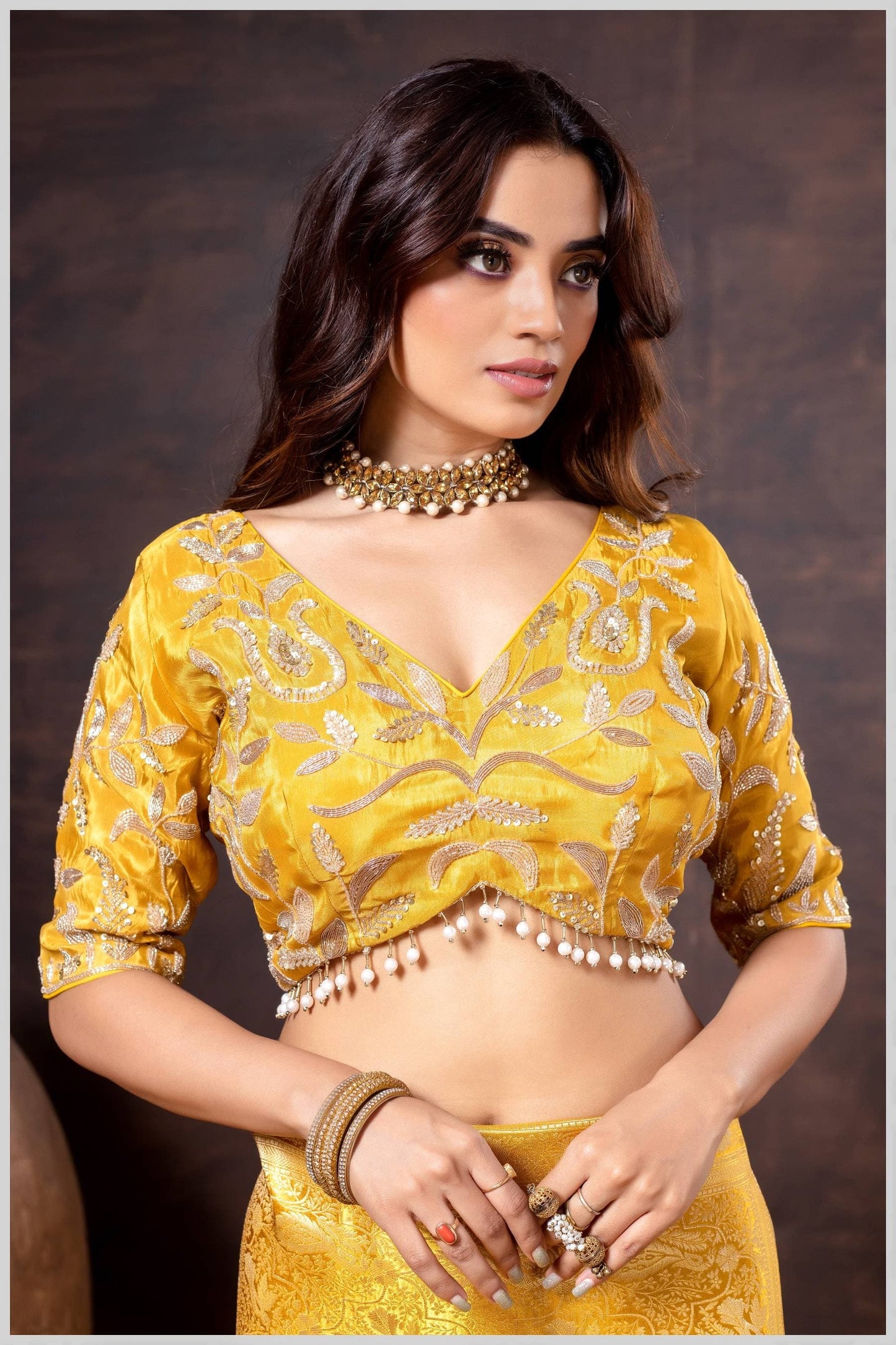 Mustard Color Embroidered Blouse with Pearl Drop Detailing