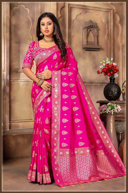 Pink Banarasi Silk Saree with Stitched Blouse