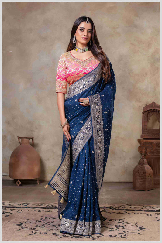 Royal Radiance: Navy Blue Banarasi Saree with Silver Zari Detailing