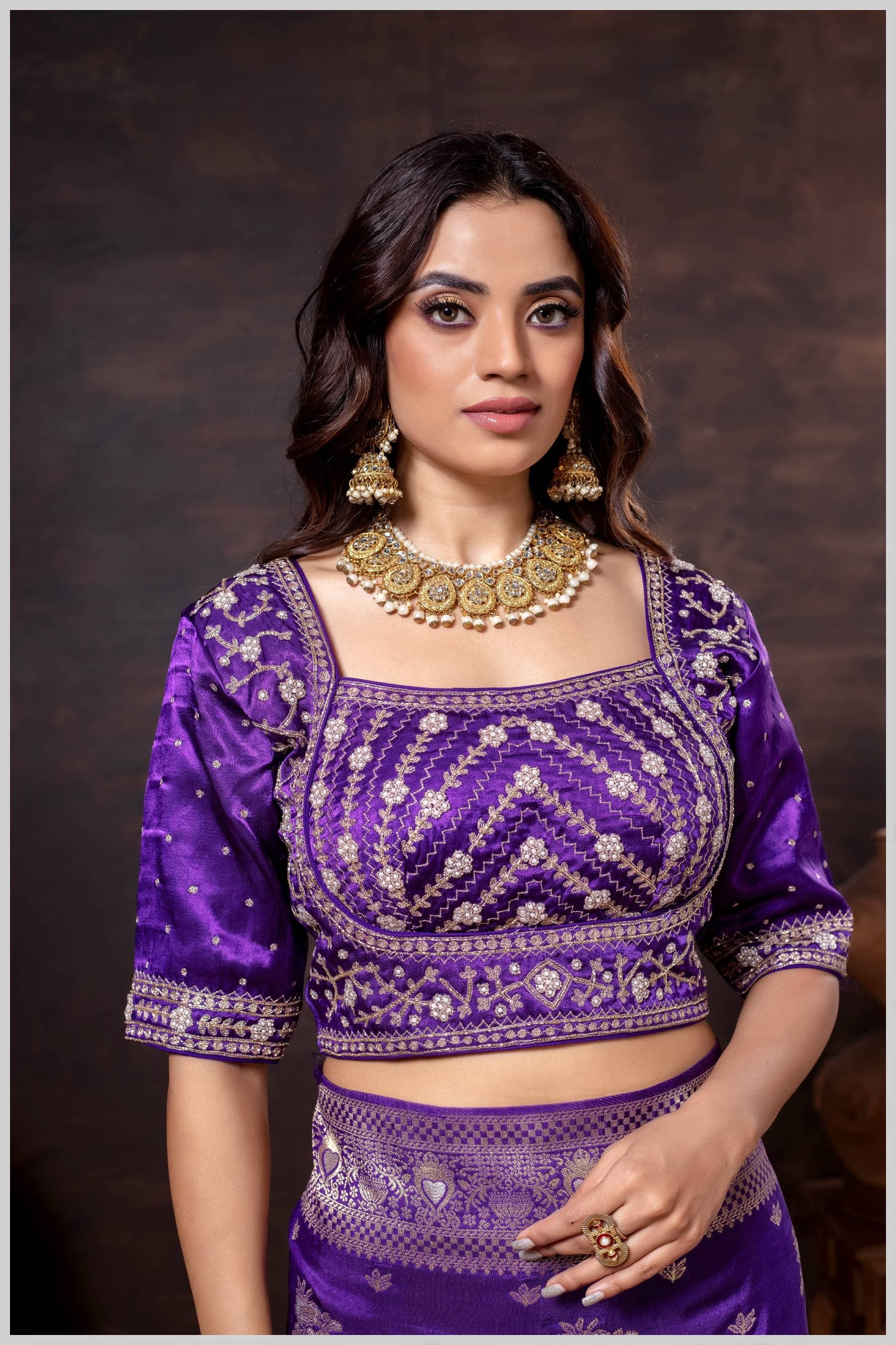 Purple Gajji Silk Blouse with Intricate Zari and Sequin Embroidery