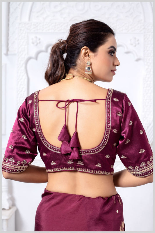 Wine Gajji Silk Blouse with Multicolor Thread and Zari Embroidery