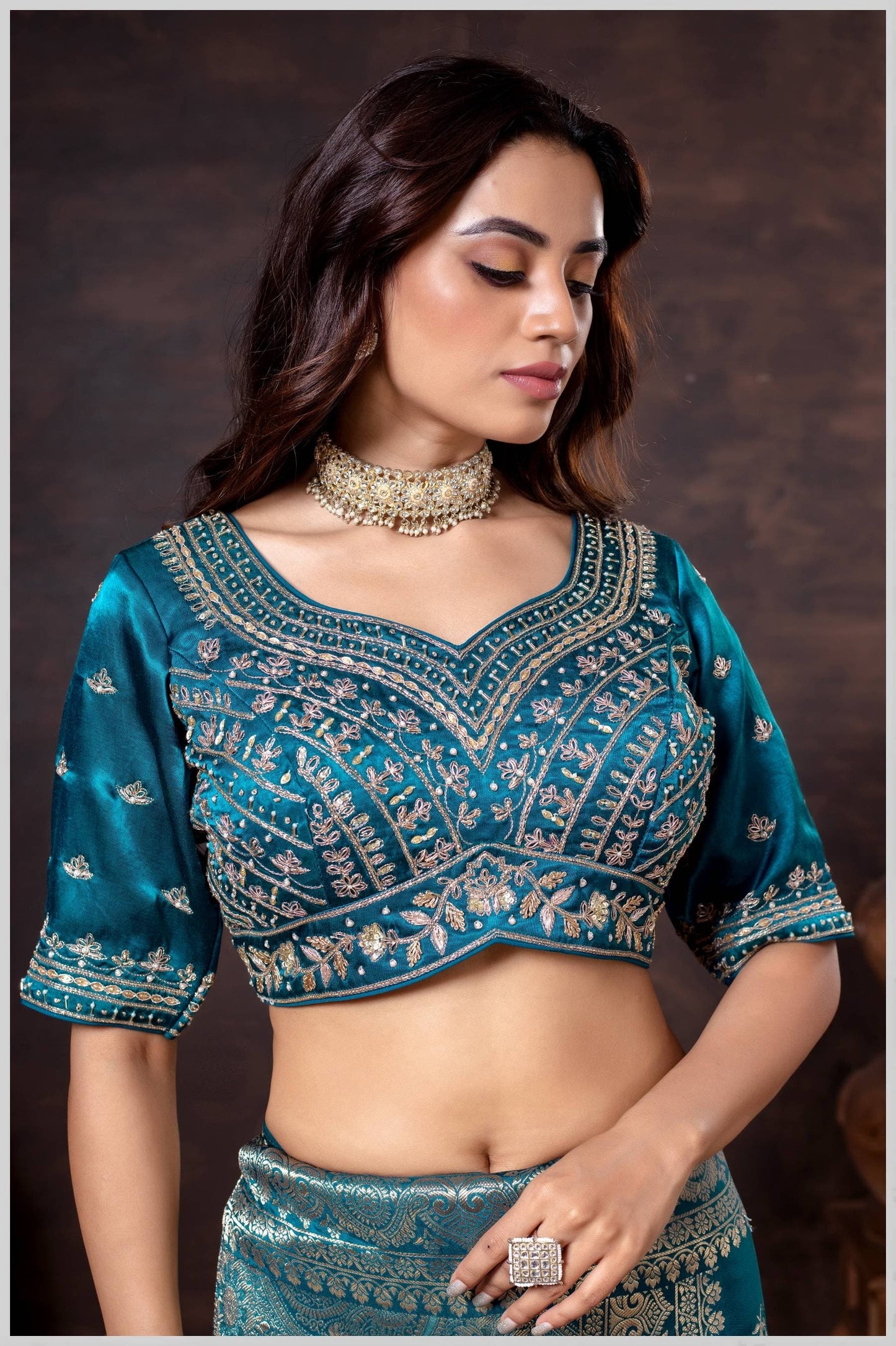 Teal Blue Gajji Silk Blouse with Multicolor Thread and Zari Embroidery