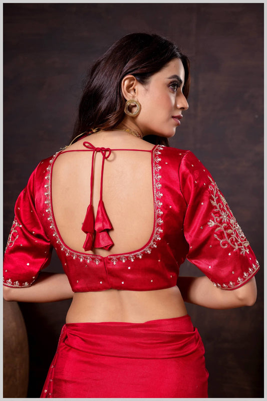 Red Gajji Silk Blouse with Golden Zari & Sequin Embroidery