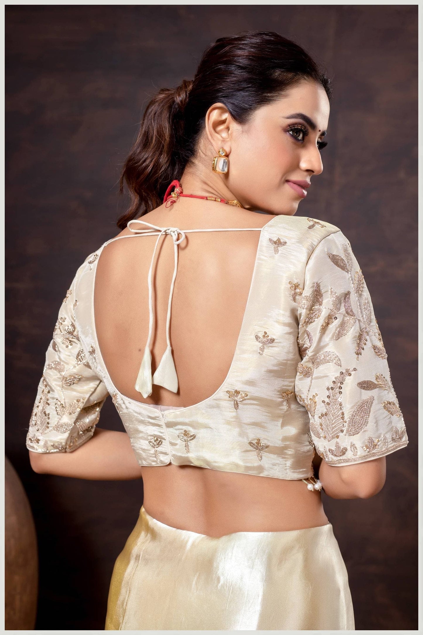 Off-white Color Embroidered Blouse with Pearl Drop Detailing