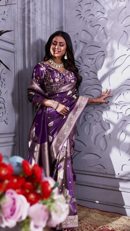 Royal Purple Banarasi Tissue Silk Saree with Golden Zari Elegance