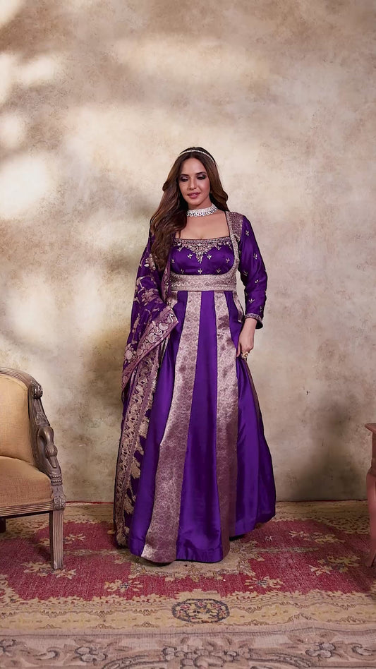 Royal Purple & Beige Striped Gown with Embroidered Dupatta