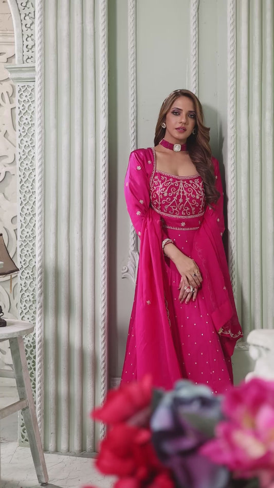 Dark Pink Embroidered Anarkali Set.