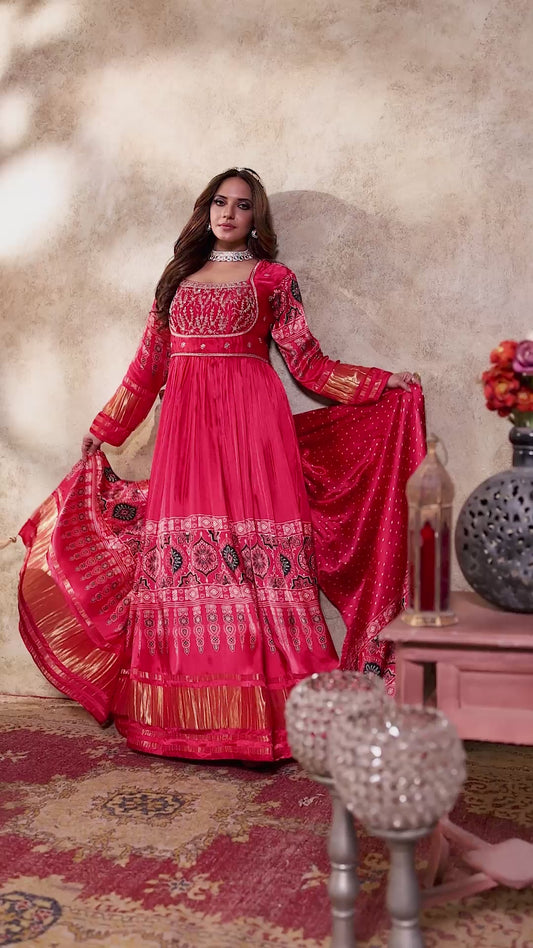 Majestic Red Anarkali Gown with Traditional Detailing