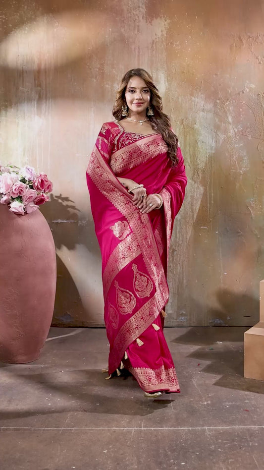 Pink Banarasi Silk Saree with Designer Stitched Blouse