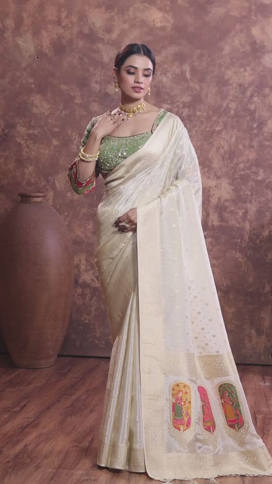 Off-White Tissue Saree And Work Blouse with Traditional Pallu Art