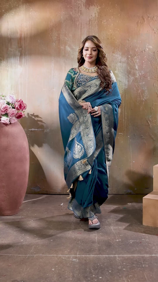 TealBlue Banarasi Silk Saree with Designer Stitched Blouse