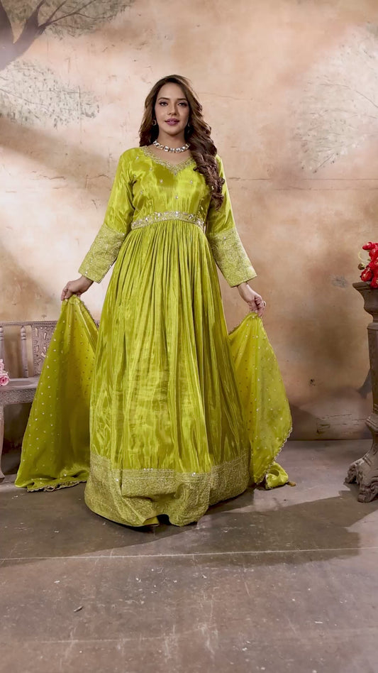Mehendi Silk Anarkali Gown with Intricate Embroidery