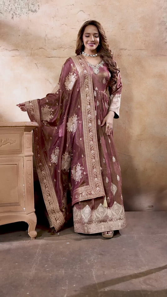 Brown Silk Anarkali Gown with Zari Weaving