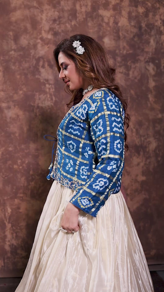 Cream Tissue Anarkali with Blue Gajji Jacket