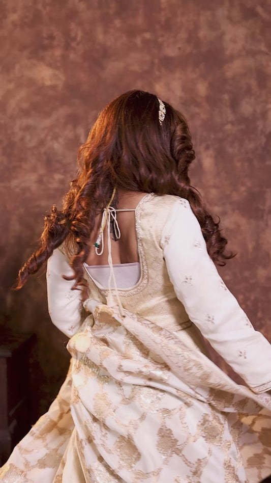 Off White & Beige Striped Gown with Embroidered Dupatta