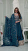 Teal Blue Chinon/Daman Gazi Anarkali Gown with Hand Embroidery