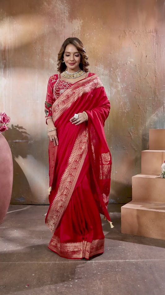 Red Banarasi Silk Saree with Designer Stitched Blouse