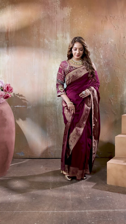 Brown Banarasi Silk Saree with Designer Stitched Blouse