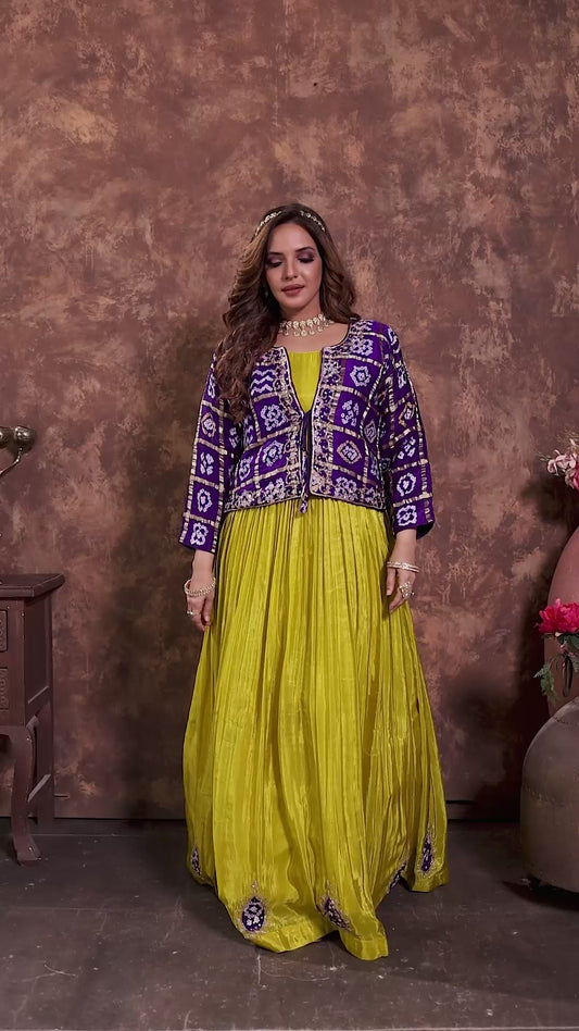 Mustard Tissue Anarkali with Purple Ikat Jacket